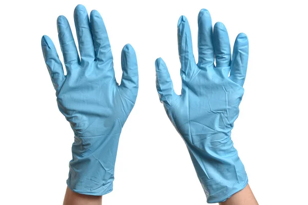 Handen Blauw Beschermende Handschoenen Wit — Stockfoto