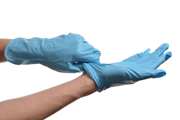 Hand Met Blauwe Beschermende Handschoen Geïsoleerd Witte Achtergrond Stockafbeelding