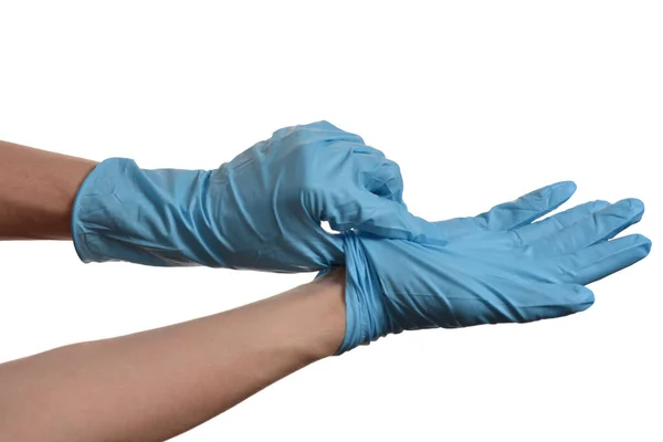 Hand Met Blauwe Beschermende Handschoen Geïsoleerd Witte Achtergrond Stockafbeelding