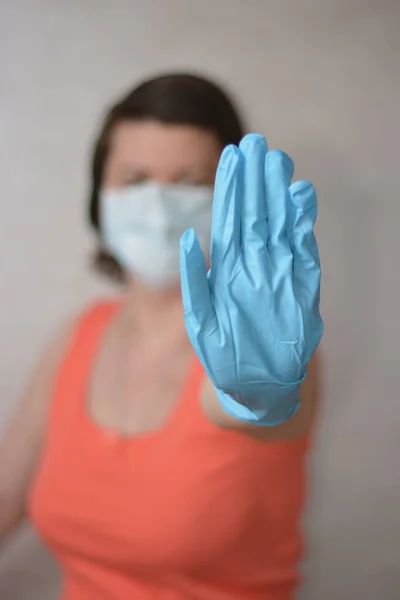 Woman Blue Rubber Glove Make Stop Gesture Soft Focused — Stock Photo, Image