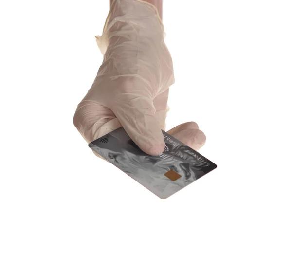 Hand Beschermende Handschoenen Met Bankkaart Geïsoleerd Witte Achtergrond — Stockfoto
