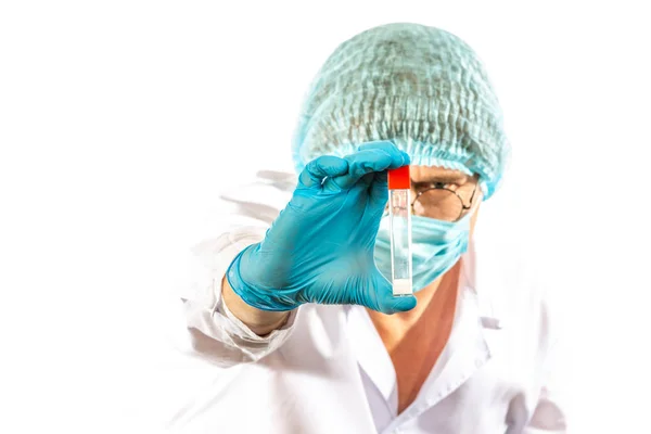 Lab Technician Looks Test Tube Clear Liquid Coronavirus — Stock Photo, Image