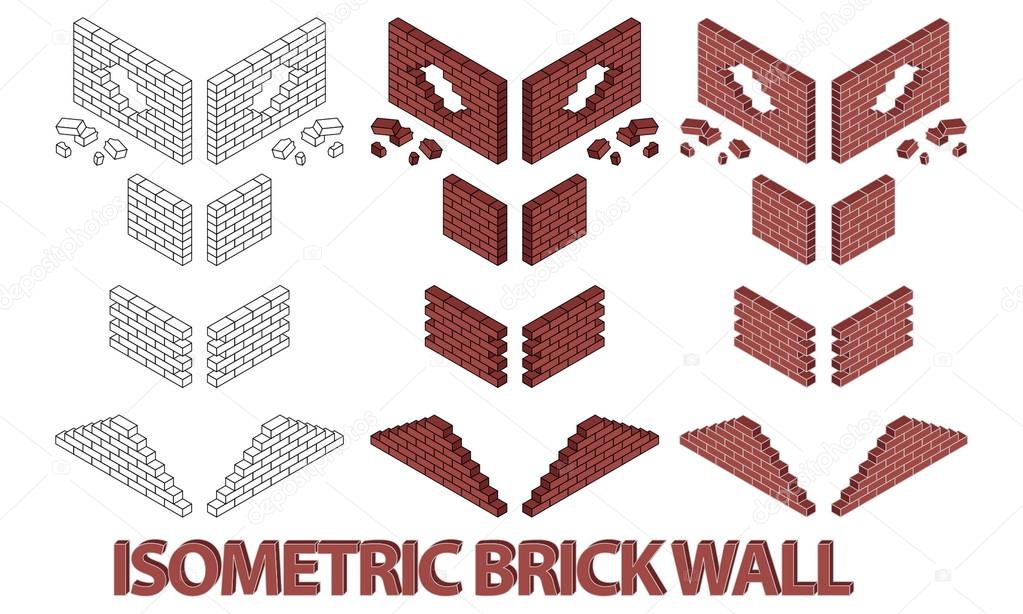 Vector illustration of different brick wall. Red brick wall. Hole in a brickwall. Outline style brick wall.