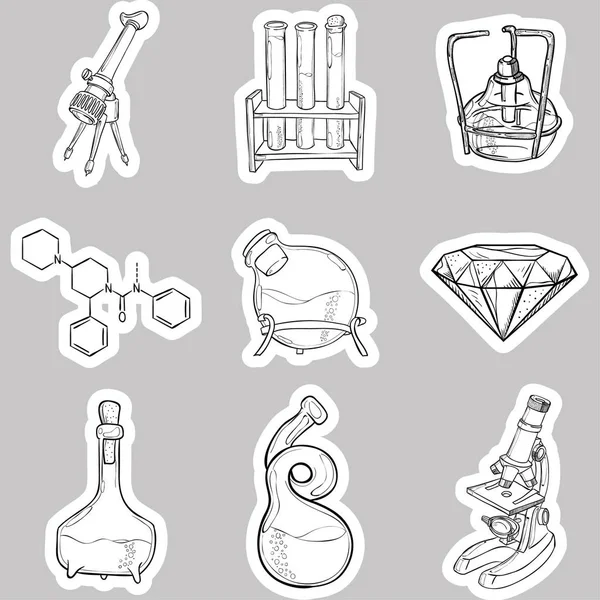 Pegatinas de equipos de laboratorio Doodle — Vector de stock