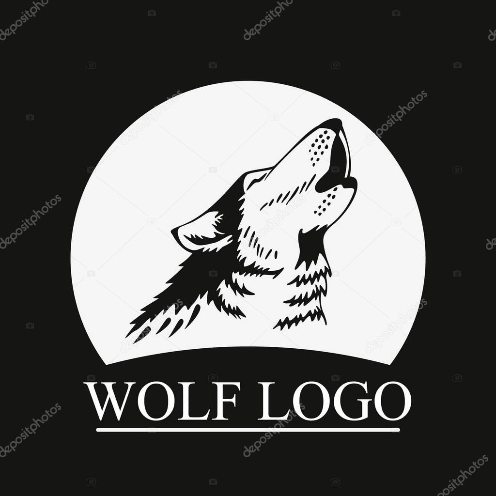 Silhouette Head Howling wolf on moon background. Perfect for logo or icon, also for print. Vector illustration.