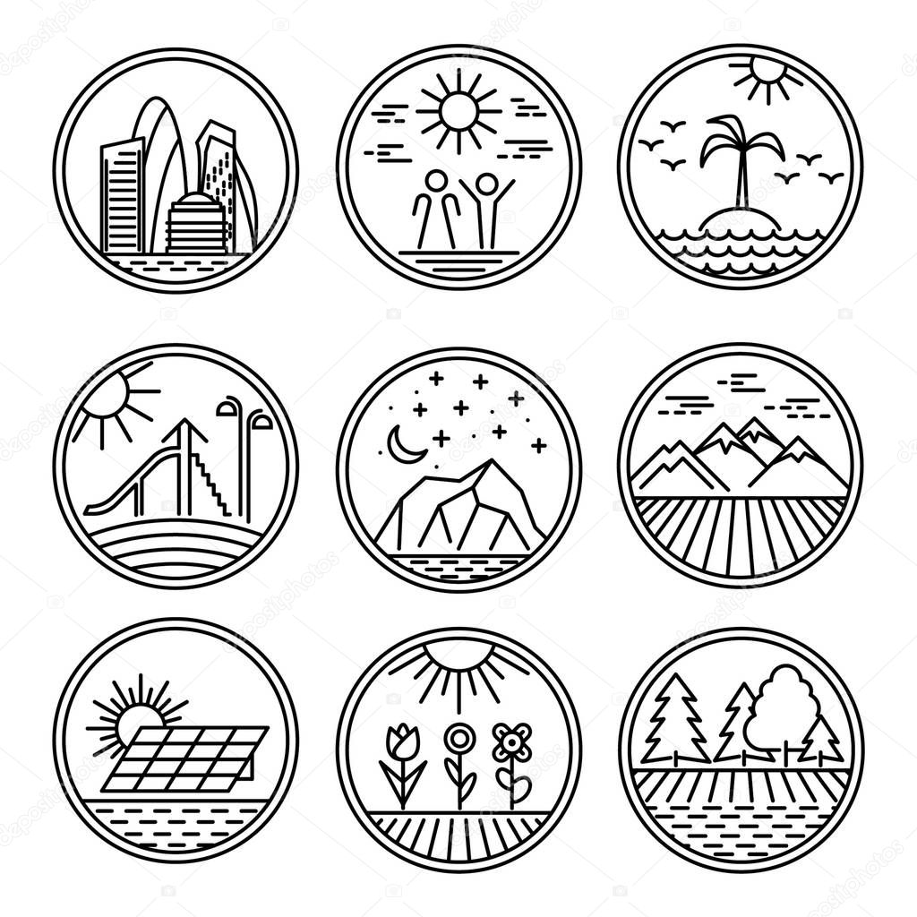 Round Linear icons and logo design elements with landscapes. Urban and nature scenes icons set. Vector illustration