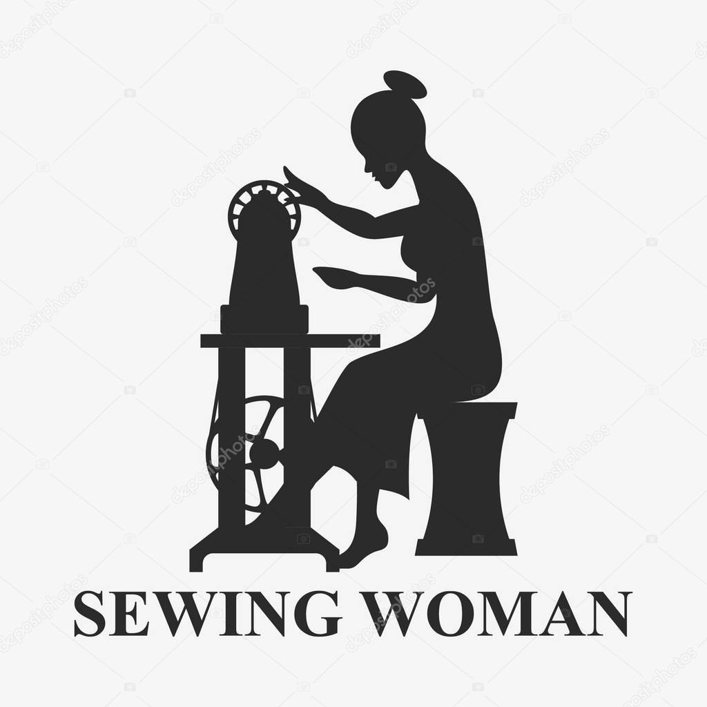 Silhouette of Woman sitting with sewing machine isolated on wite. Vector illustration
