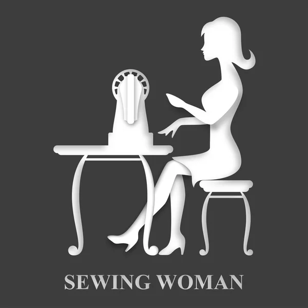 Mujer sentada con máquina de coser — Vector de stock