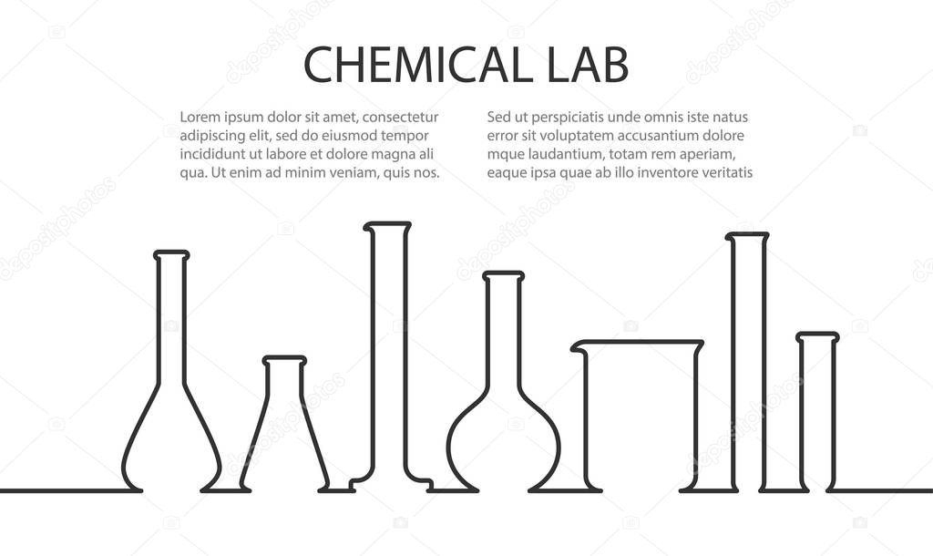 Banner from Laboratory glassware in linear style. Template for chemical researching. Vector illustration