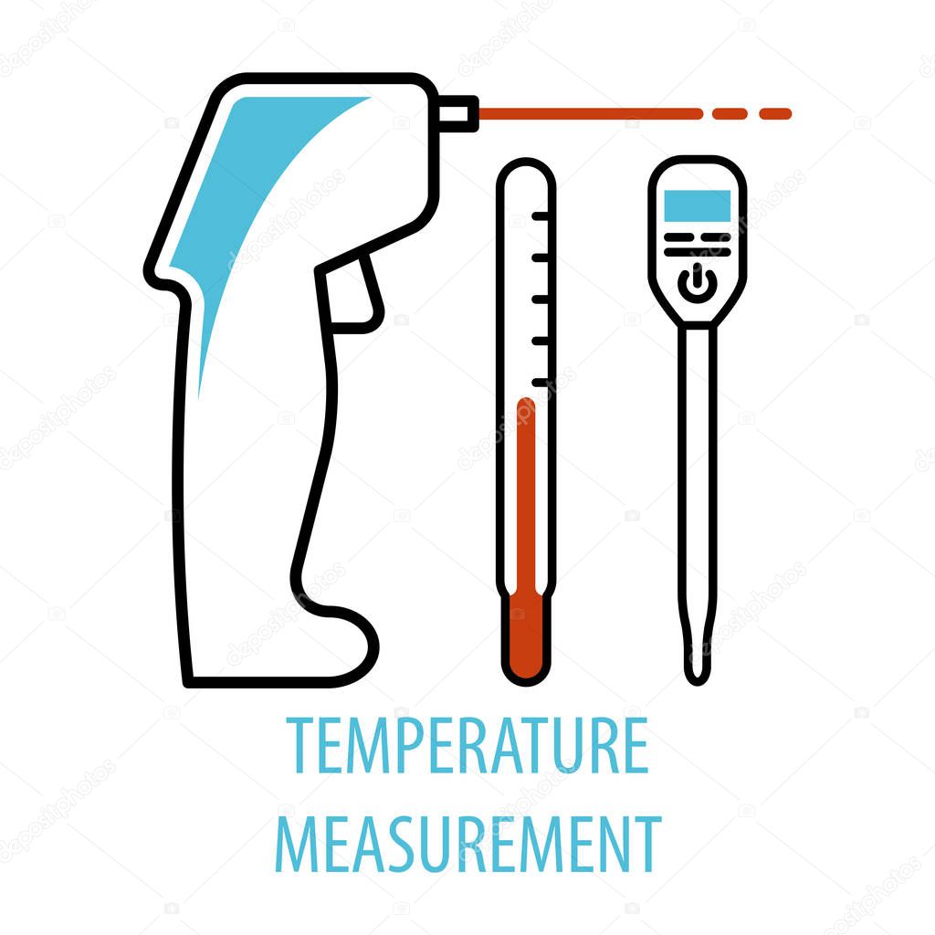 Thermometer set in linear style icons on white background. Infrared laser thermometer logo template. Vector illustration.