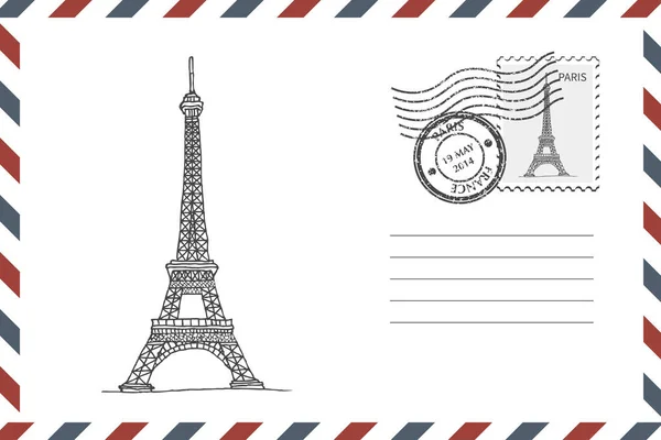 Briefumschlag mit handgezeichnetem Eiffelturm — Stockvektor