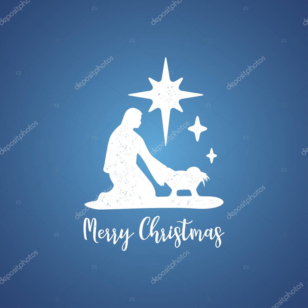 Grunge style Christmas logo on blue. Merry Christmas minimalistic card with Nightly christmas cribe with Mary and baby Jesus. Vector Illustration