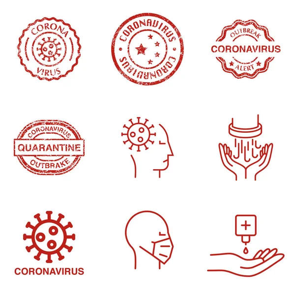 Conjunto Ícones Coronavirus Carimbo Texturizado Com Símbolo Coronavírus Gel Álcool — Vetor de Stock
