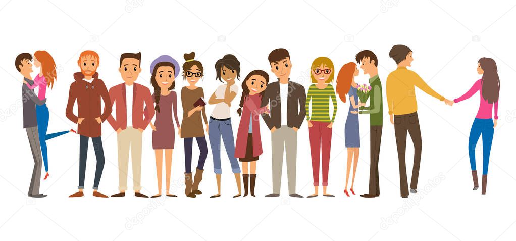 Group of young people flat vector illustration. Young girls and boys isolated characters on white background. Cheerful and lovely teenager in casual clothes. Youth lifestyle.