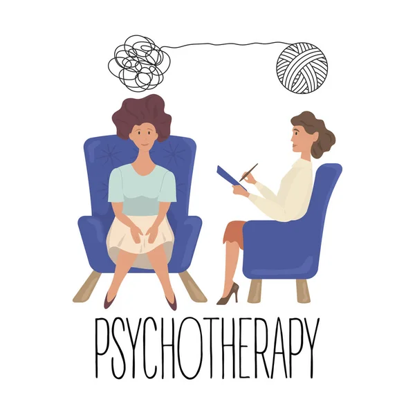 stock vector Psychotherapy scene in flat style. Psychologist unravels tangled tangle untangled. Psychologist and woman with mental disorder on armchair. Vector illustration