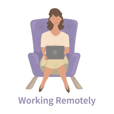 Uzaktan Çalışma Konsepti. Rahat koltukta oturan ve dizüstü bilgisayarla Mesafe üzerine çalışan serbest çalışan bir kadın. Çizgi film Düz Vektör İllüstrasyonu