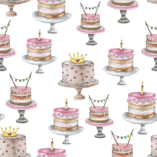 Watercolor Party Seamless Pattern Hand Drawn Background Different Cake Birthday — Stock Photo, Image