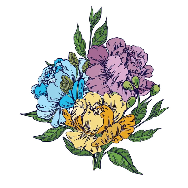 Vector bouquet composition peony flowers, blue, yellow flowers and leaves — 图库矢量图片