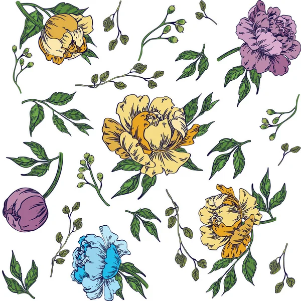Roses and peony with leaves. Seamless background pattern. — Stock vektor