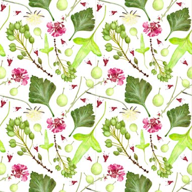 İlkbahar Suluboya Orman Şablonu Kusursuz Doğal Çevre dokusu Otlar ve çiçeklerle beyaz arka planda