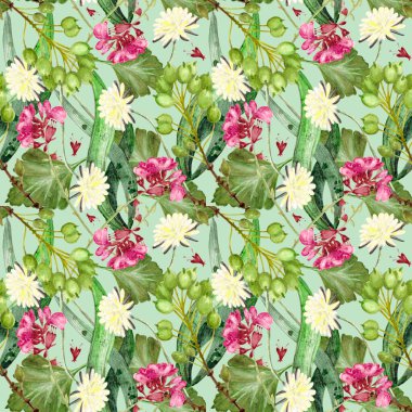 Yeşil arka planda bitkileri olan dikişsiz çiçek desenli suluboya. Arkaplan resmi.