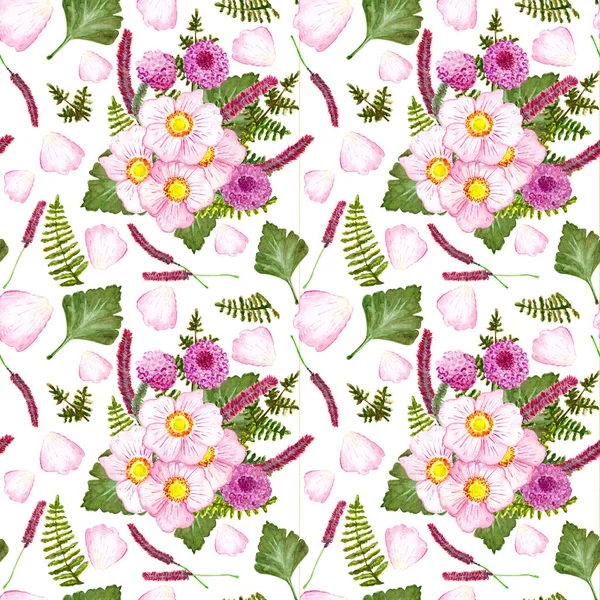 Spring Watercolor Forest Pattern Naadloze wilde natuurlijke eco textuur met kruiden en bloemen op witte achtergrond — Stockfoto