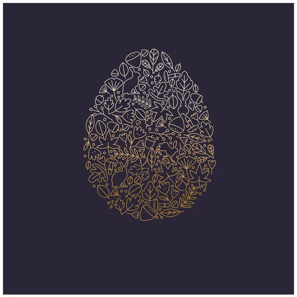 Happy Easter Egg. Vector Illustration. Greeting card template design in doodle style. Abstract Shining Gold on Black Background. — Stock Vector