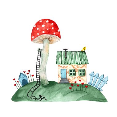 Suluboya ile boyanmış peri masalı mantar evi.