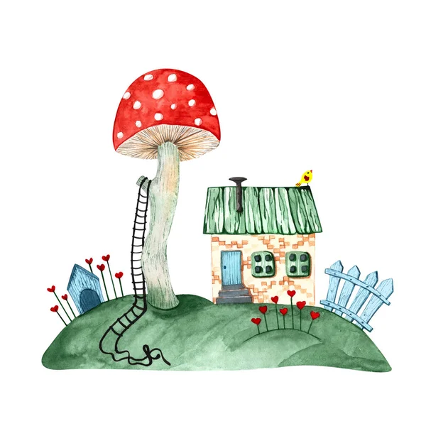Maison de champignons de conte de fées peinte à l'aquarelle — Photo