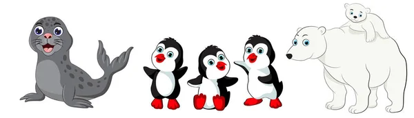 Conjunto de animales polares de dibujos animados para bebés y niños pequeños. Pingüino, sella la cerveza polar. Imagen aislada sobre fondo blanco — Vector de stock