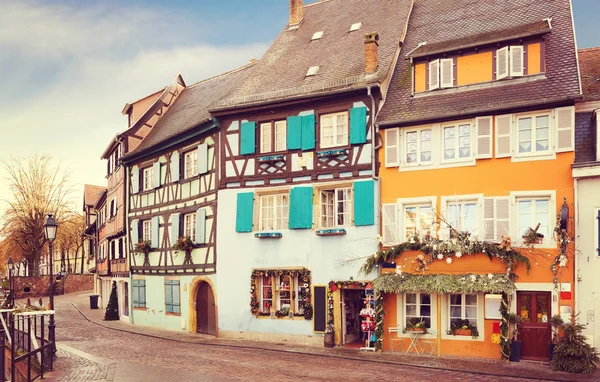 Old street decorated for Christmas, Colmar, France. — Stock Photo, Image