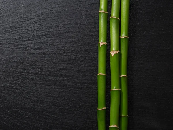 Três ramos de bambu deitado na ardósia preta molhada . — Fotografia de Stock