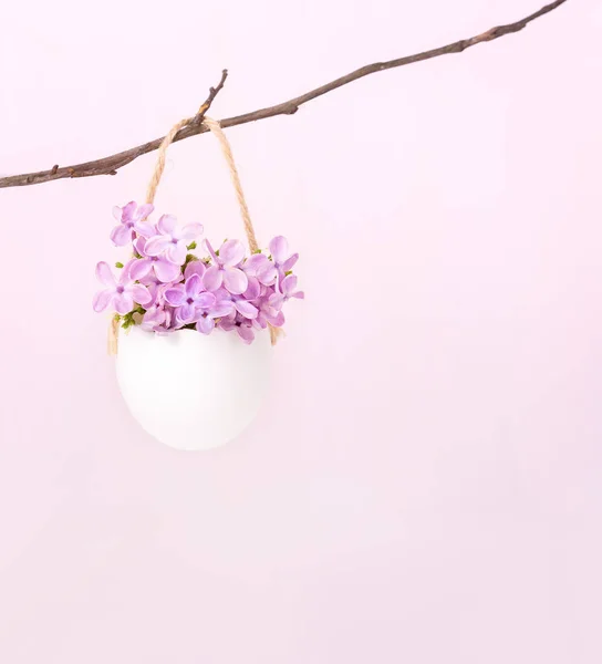 Flores de lila (Syringa) en cáscara de huevo. Decoración de Pascua — Foto de Stock