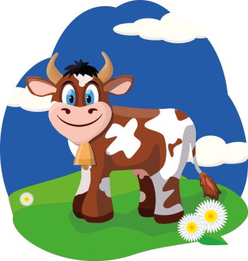 Çayırdaki sevimli, neşeli inek.