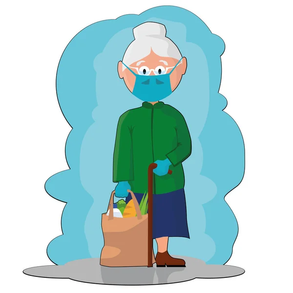 Coronavirus önlemlerinden korunmak için maskeli ve eldivenli yaşlı bir kadın.