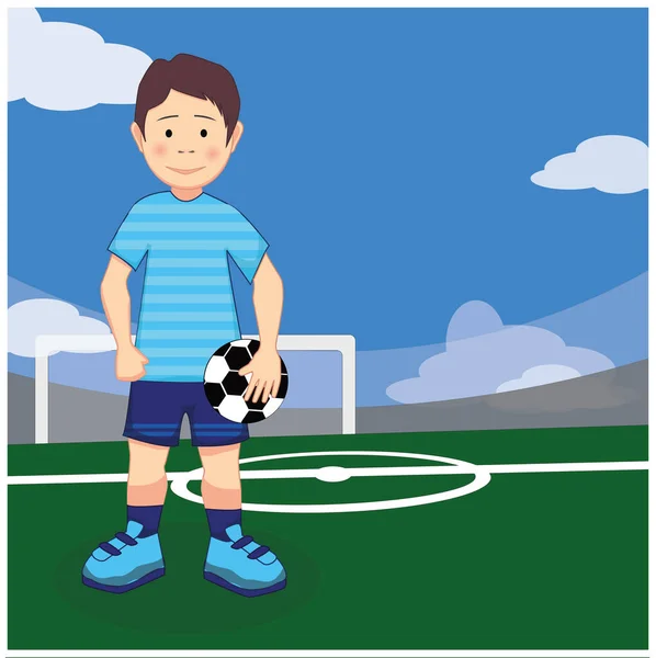 Niño Jugador Fútbol Con Una Pelota Sus Manos Campo Fútbol — Vector de stock