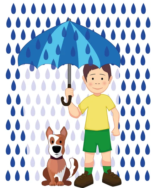 Bakıcı çocuk kendini ve köpeğini yağmurdan korur.