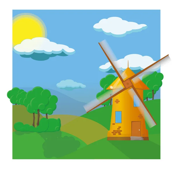 晴れた日の丘の上の風車 — ストックベクタ