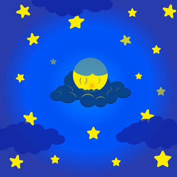 Moon Sleeps Cloud Surrounded Stars — Stock Vector