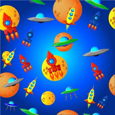 Gezegenlerin arka planında desendeki gemiler ve UFO 'lar..