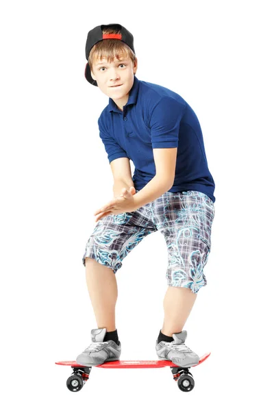 Teenager with funny expression face clap his hands, riding a skateboard — Stock Photo, Image