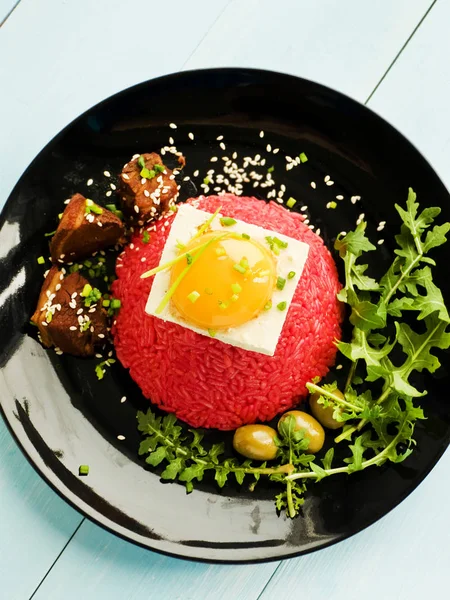 Rice with tofu and egg yolk — Stock Photo, Image