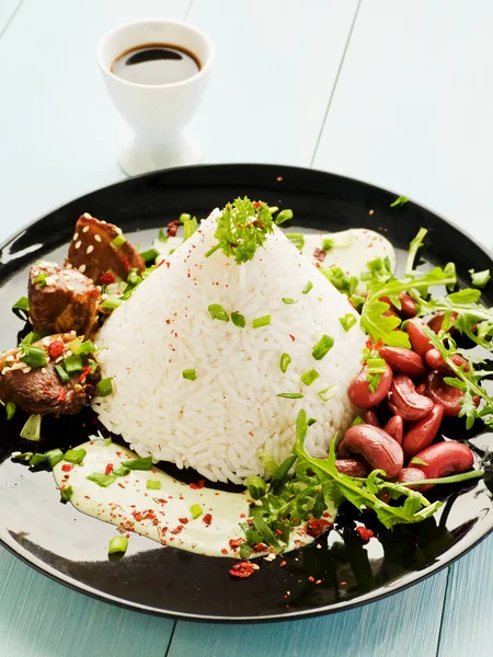 Rice with pork ribs and red beans — Stock Photo, Image