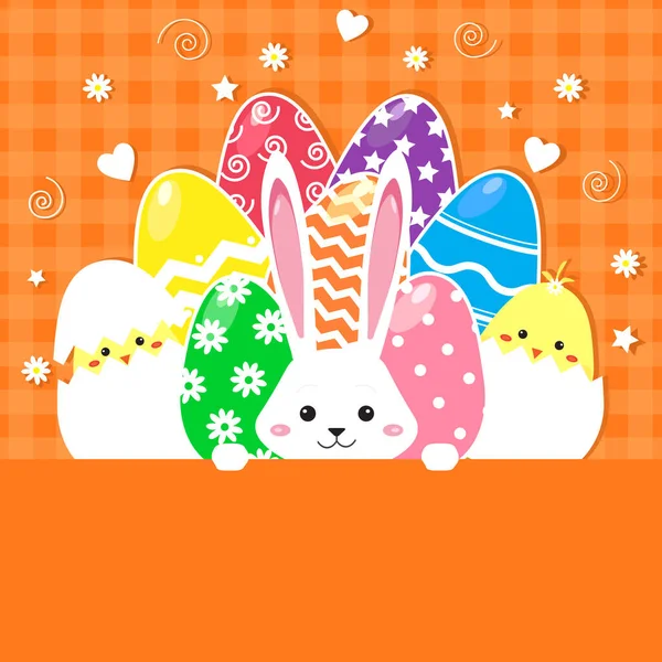 Easter Bunny Chickens Eggs Card Vector Illustration Background — Stock Vector