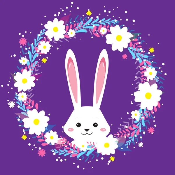 Пасхальный Кролик Векторном Фоне Цветочного Венка — стоковый вектор