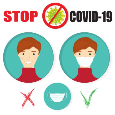 Coronavirus 'un kendisi ve diğerleri ana kural bilgilerini koruyorlar. Maske tak. Vektör illüstrasyon kavramı.