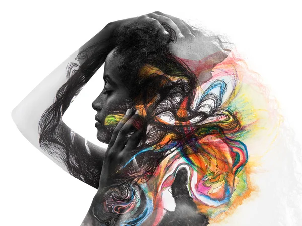 Multiexposure of Black woman blended with blotchiness — Stock Photo, Image