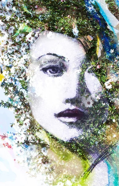 Artistic multiexposure portrait of female and floral — Stock Photo, Image