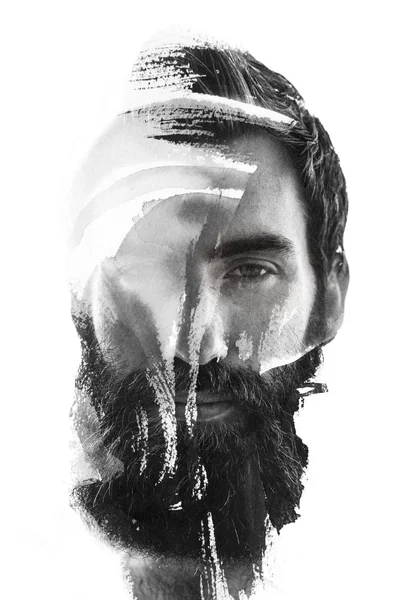 Multiexposure a férfi fading portréja integrált ecsetvonás — Stock Fotó