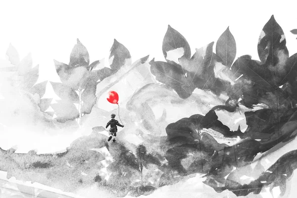 Tek renkli multiexposure çizilmiş çocuk ve yaprakları